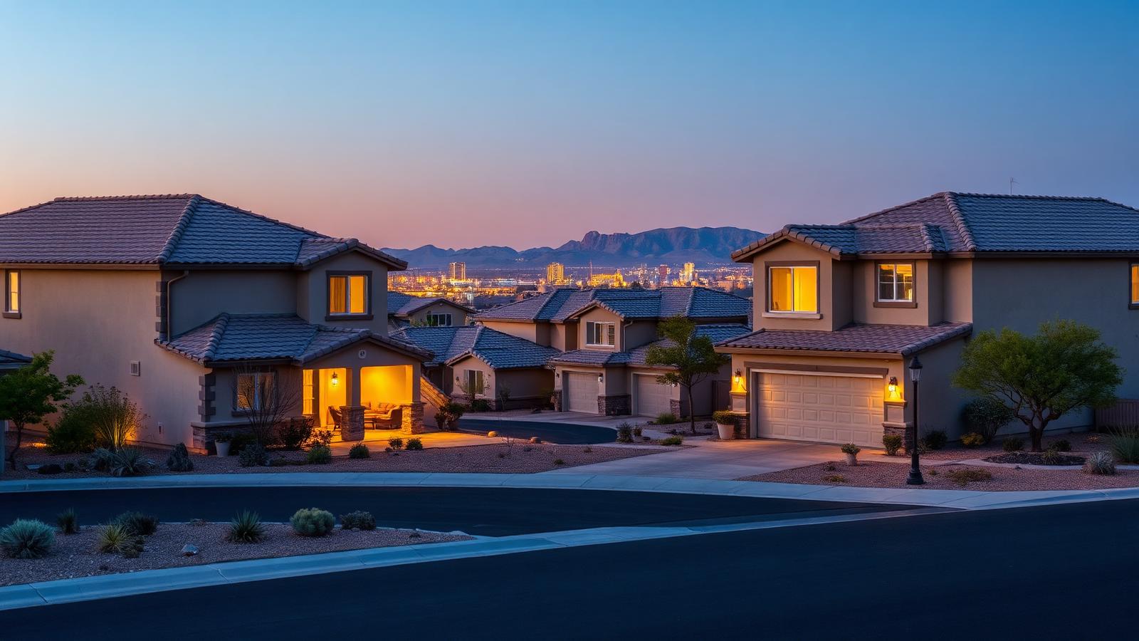 Newer Southwest Las Vegas homes at dusk with warm porch lights and the distant Las Vegas skyline glowing on the horizon.
