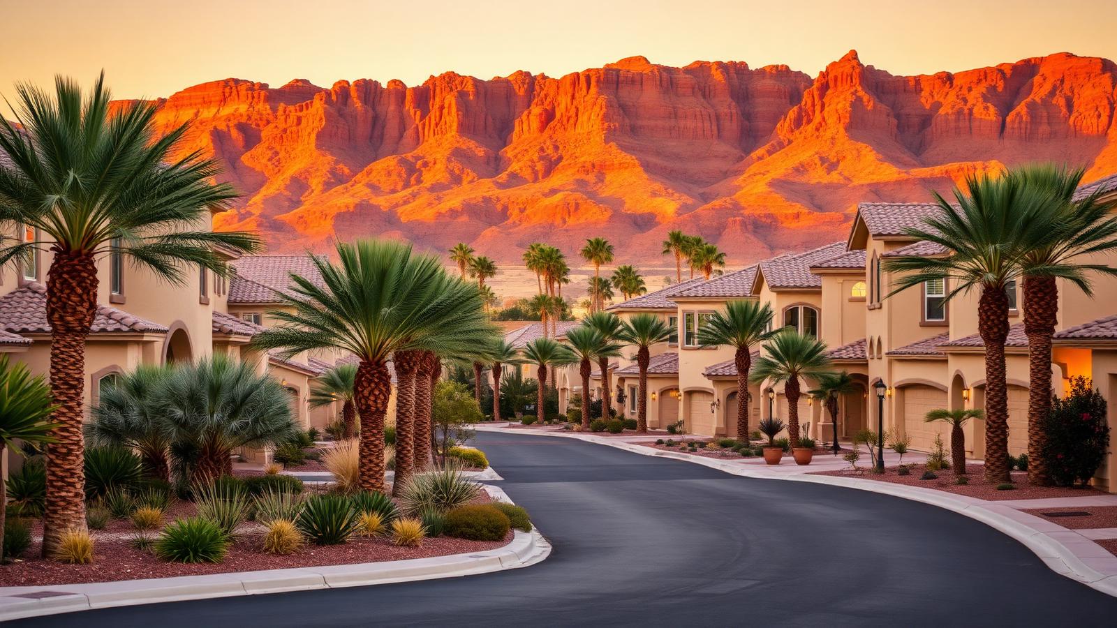 A palm-lined Summerlin street with desert-contemporary homes and Red Rock Canyon cliffs glowing at sunset behind them.