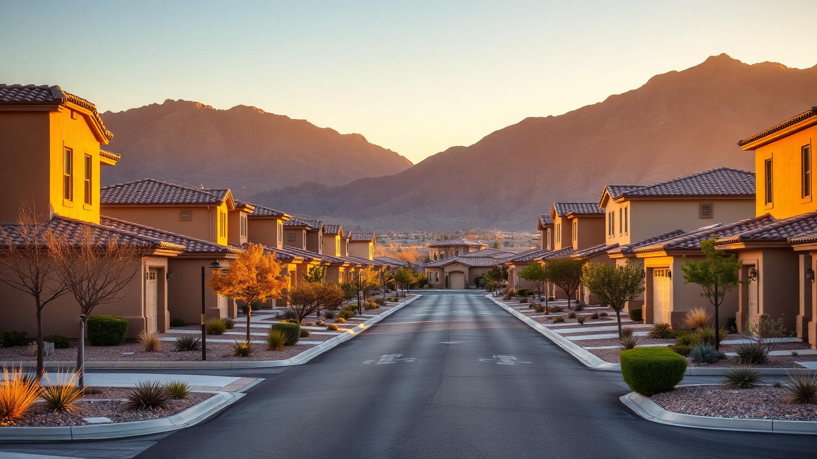 A master-planned residential street in the Northwest Las Vegas valley at golden hour, tile-roof homes with desert landscaping and mountains behind.