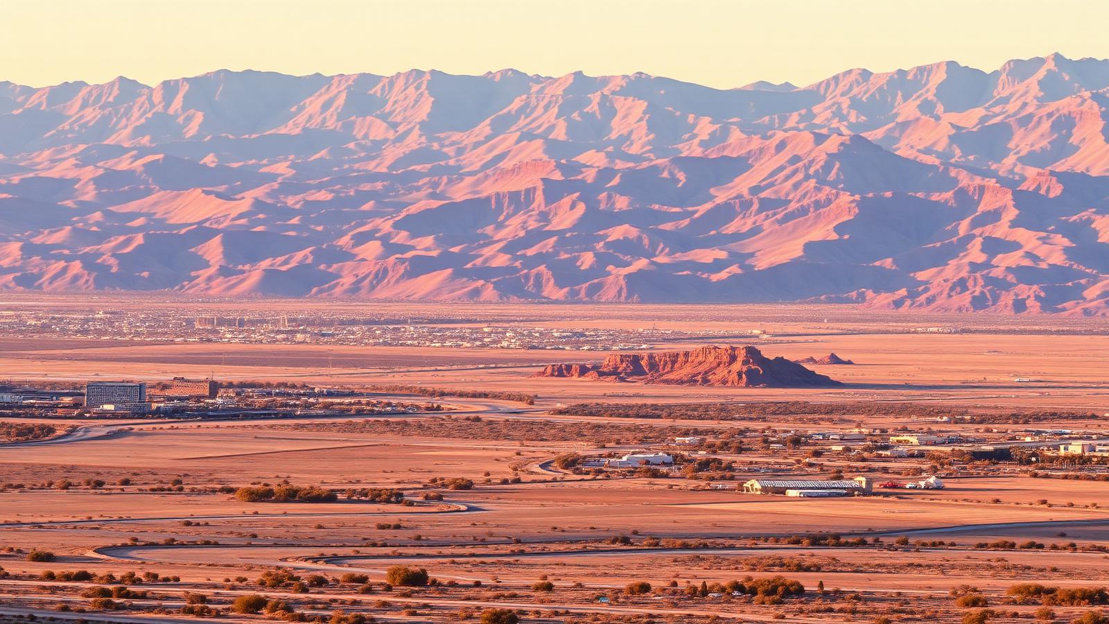 Illustrated editorial landscape of the wider Las Vegas valley at dusk, with layered desert mountain ridges behind low-rise development.