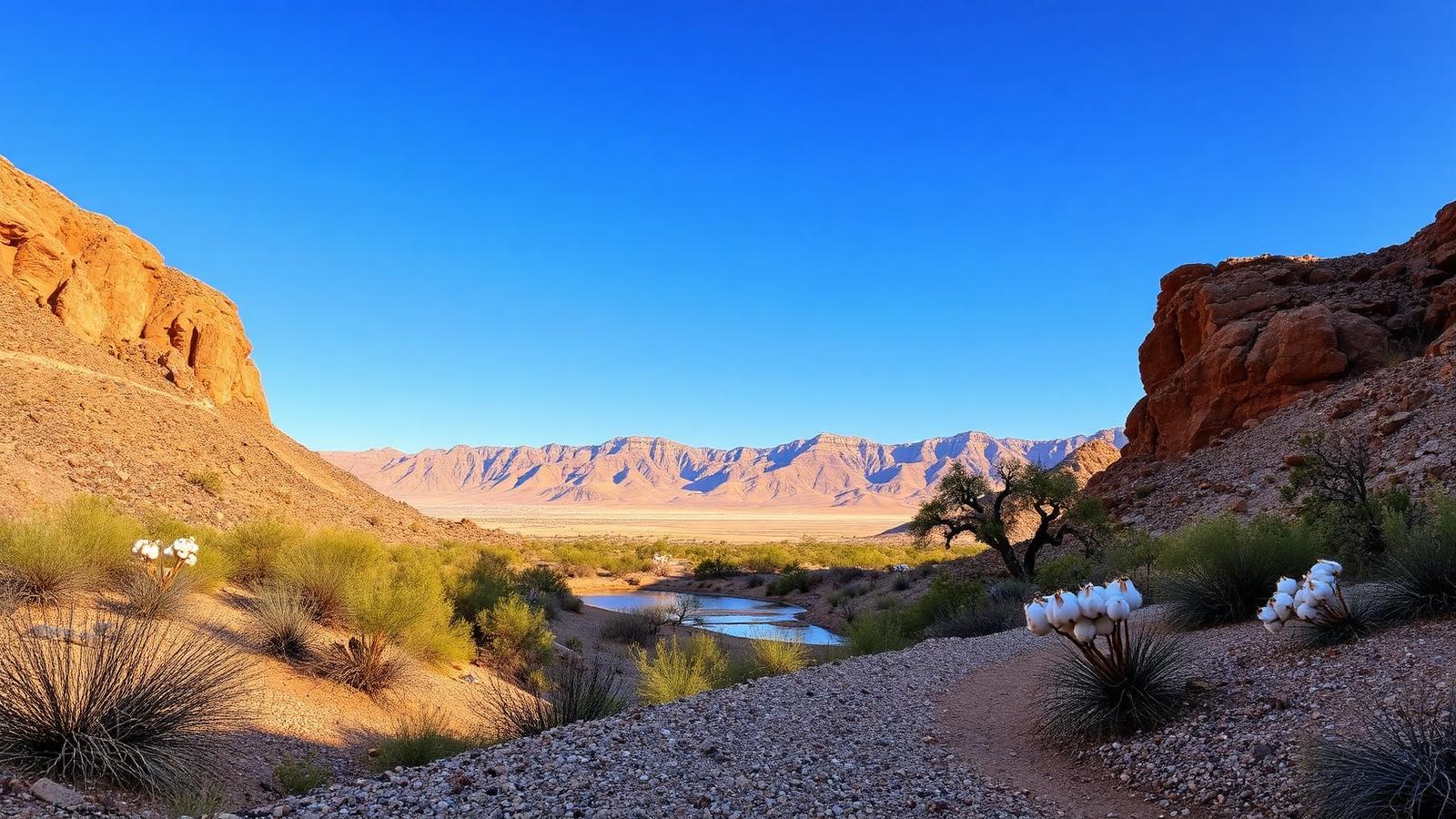 Illustrated editorial landscape of a north valley desert wash with a nature trail and pond — a regional visual, not a photograph of a specific neighborhood.