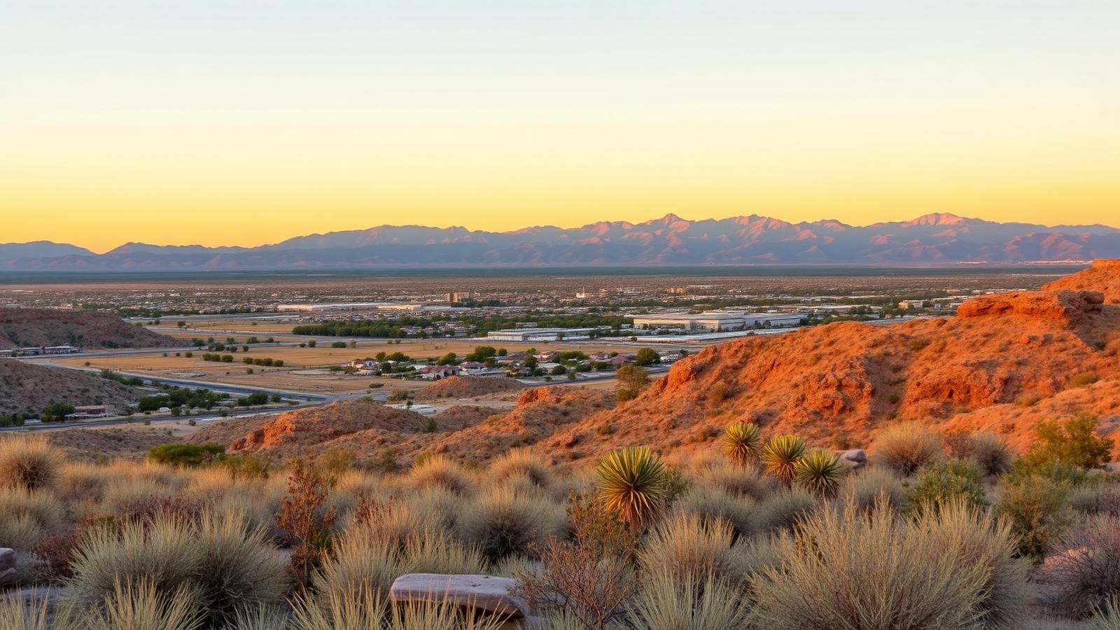 Illustrated editorial landscape of northwest Las Vegas desert foothills at golden hour — a regional visual, not a photograph of a specific neighborhood.