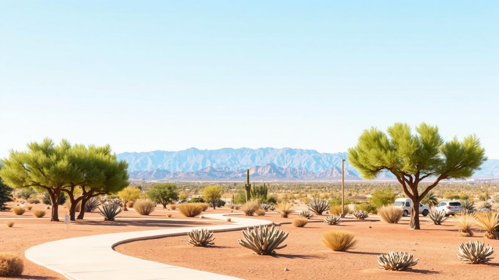 Illustrated editorial landscape of an open desert park with paths and shade trees in the southwest valley — a regional visual, not a photograph of a specific neighborhood.
