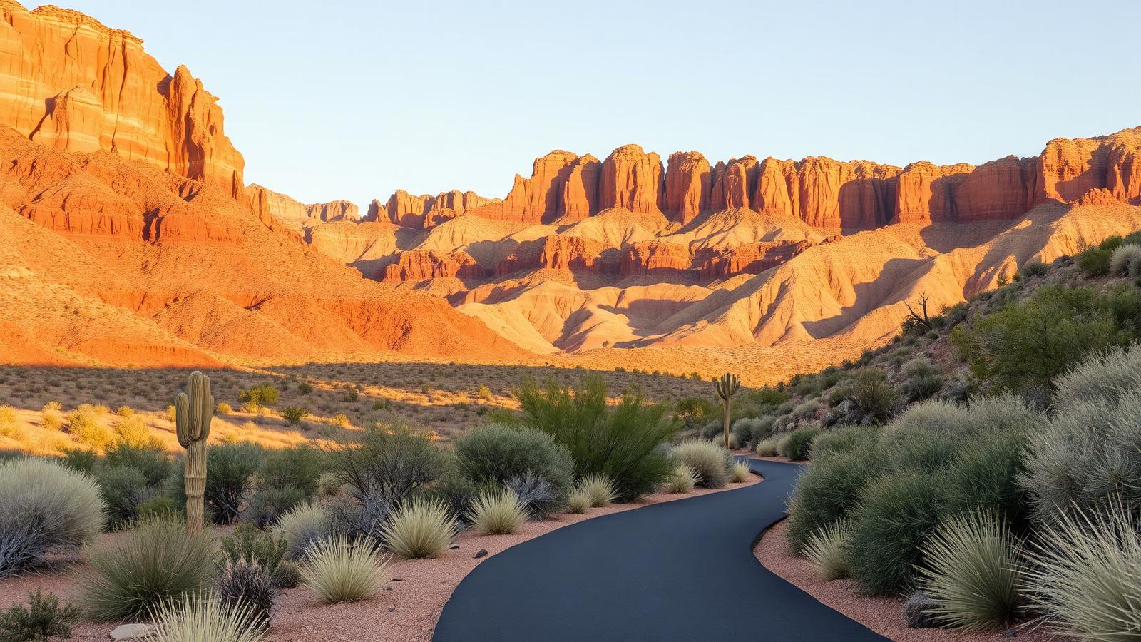 Illustrated editorial landscape of red sandstone bluffs above a desert trail on the west side of the valley — a regional visual, not a photograph of a specific neighborhood.